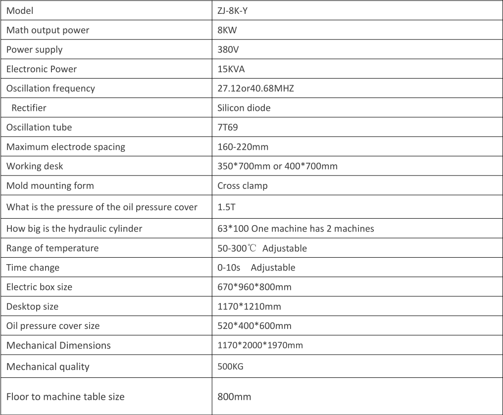 TPU Logo Oil Pressure High Frequency Welding Machine Parameter