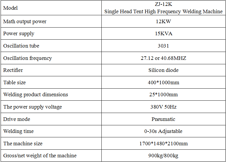 12KW PVC Tarpaulin High Frequency Welding Machine Parameter